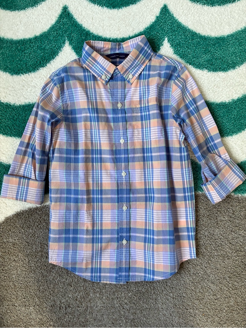 NWT - Janie and Jack Plaid Cotton Shirt (Blue/Peach/Mint) Size 7